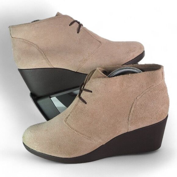 Crocs Leigh Suede Wedge Booties Beige (Cream) 203419 Women's 10 - Picture 1 of 11